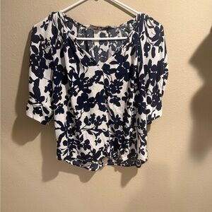 LOFT Navy and White Floral Blouse